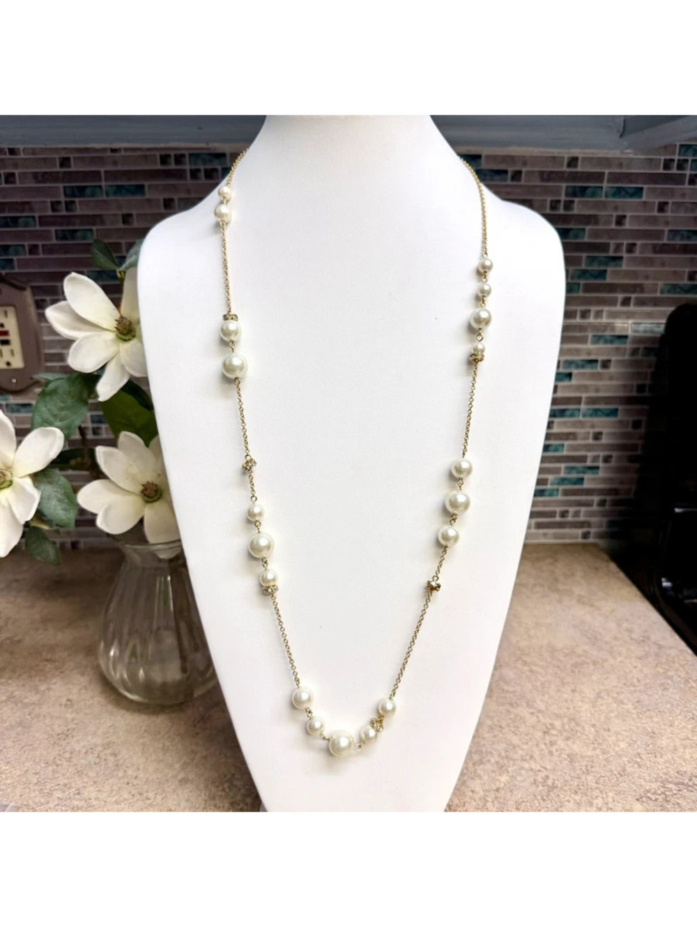J. Crew Faux Pearl & Crystal Station Long Chain Necklace Gold Tone Signed 34"